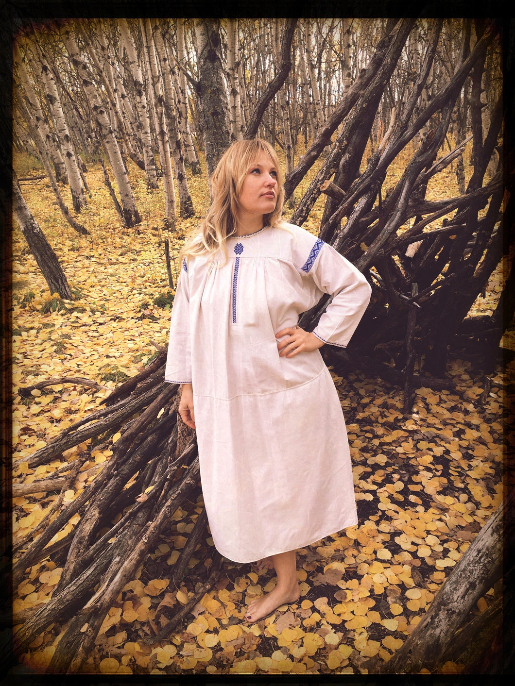 RARE! Vintage 30's Ukrainian Homespun Linen Blue Embroidered Dress (Vyshyvanka)