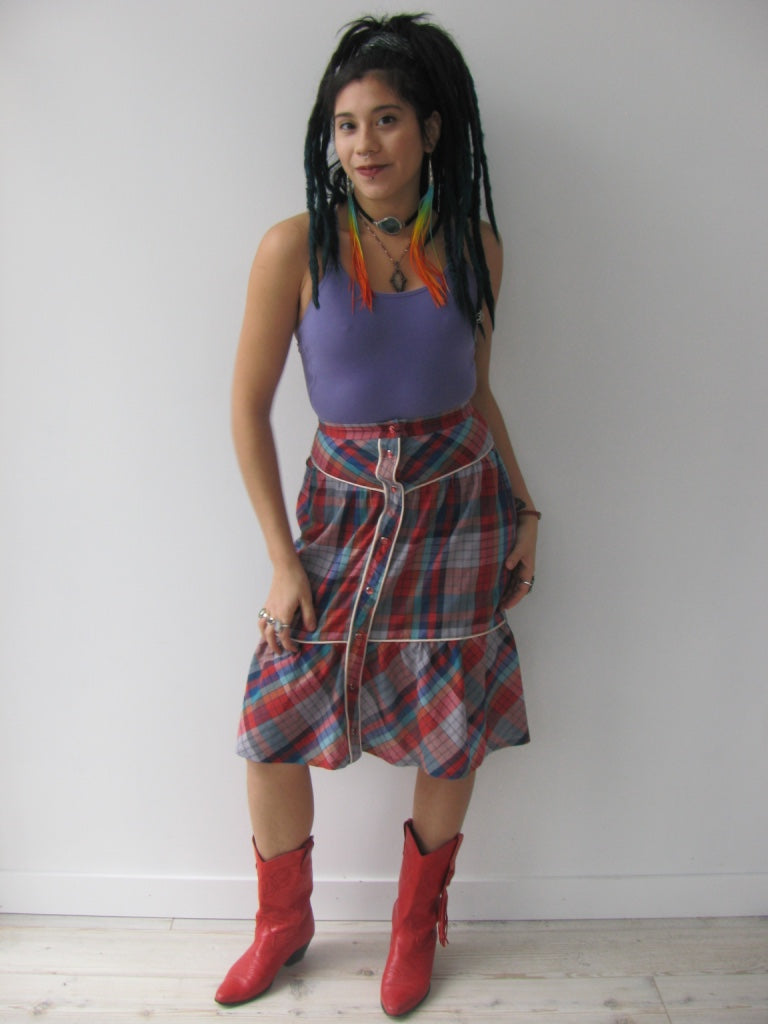 Vintage 70's Plaid Cotton Western Style Skirt With Snaps (XS)