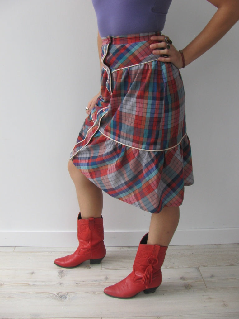 Vintage 70's Plaid Cotton Western Style Skirt With Snaps (XS)
